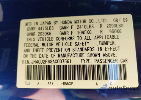 2010 Acura Tsx 2.4 из США, поврежденный, VIN JH4CU2F68AC007561